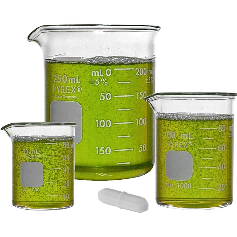 Corning Pyrex Griffin Low-Form Beaker Set (50ml, 100ml, 250ml) + Magnetic Stir Bar