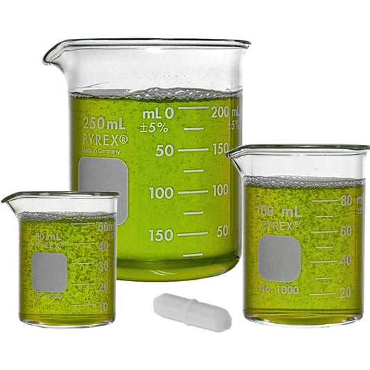 Corning Pyrex Griffin Low-Form Beaker Set (50ml, 100ml, 250ml) + Magnetic Stir Bar
